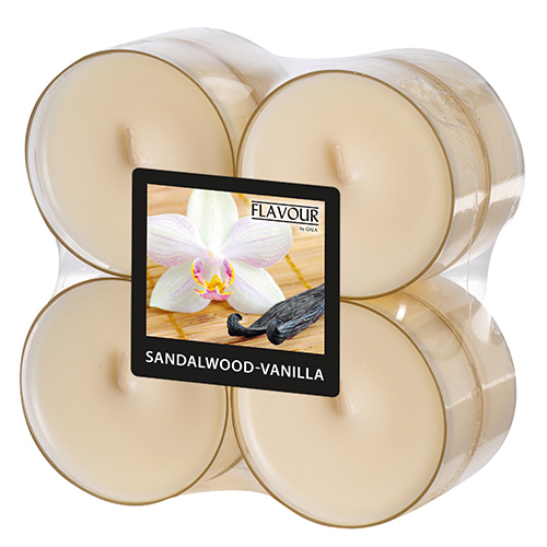 6 x 8 "GALA" Maxi Duftlichte Ø 59 mm · 24 mm elfenbein - Sandalwood-Vanilla Polycarbonathülle