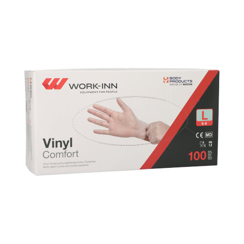 10 x 100 "WORK-INN/PS" Handschuhe, Vinyl puderfrei "Comfort" transparent Größe: L
