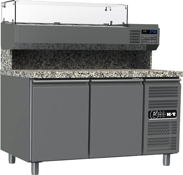 K+T Pizzakühltisch EN 600 x 400, Korpushöhe 700,abgekantete Granitarbeitsplatte,2 Abteile,Zentralkühlung