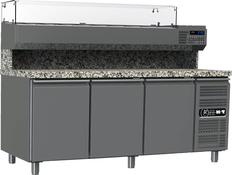 K+T Pizzakühltisch EN 600 x 400, Korpushöhe 700, abgekantete Granitarbeitsplatte,3 Abteile,steckerfertig