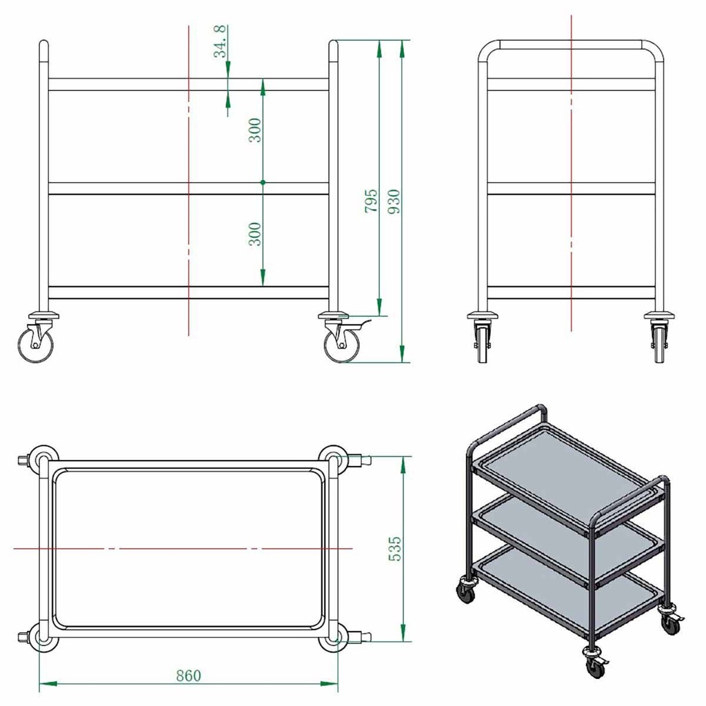 Servierwagen Edelstahl / 3 Böden, 860 x 540 mm