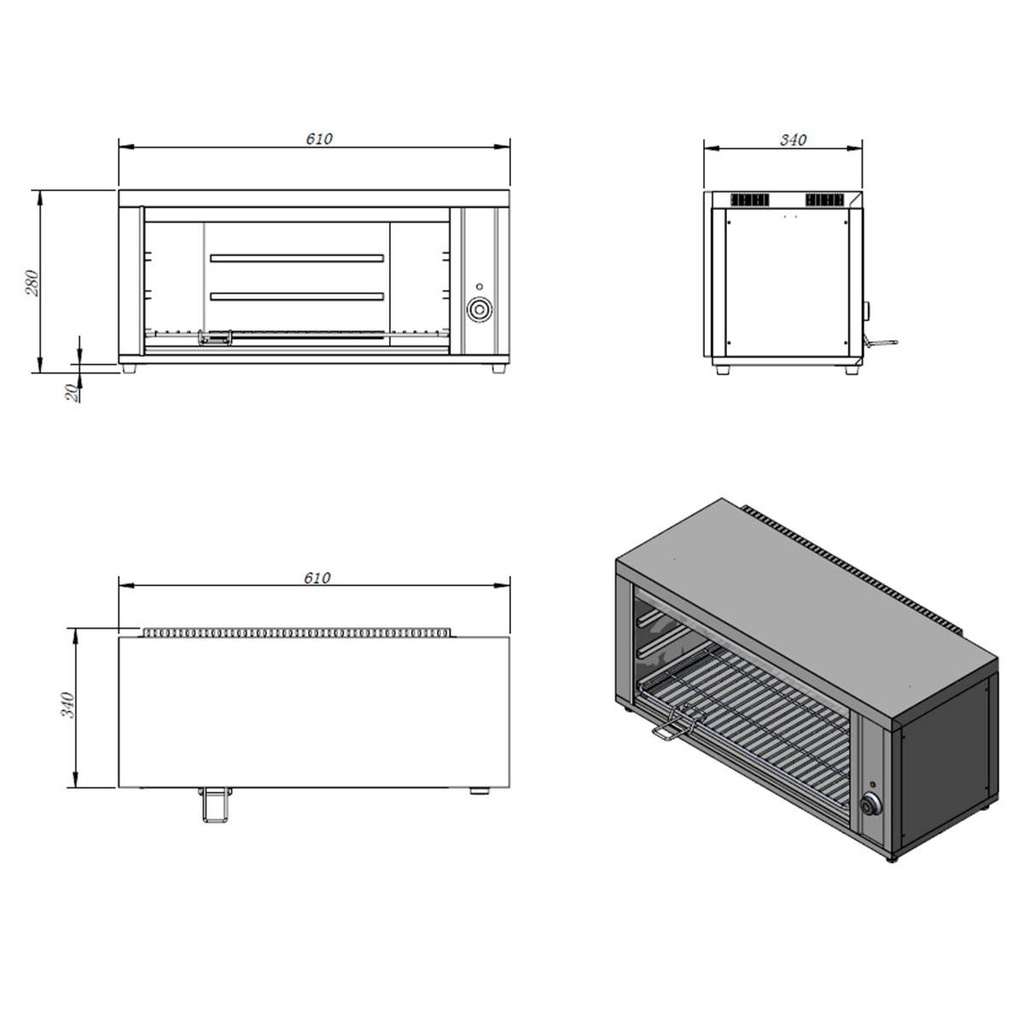 Salamander mit 4 Einschubhöhen, 2 kW, 610 x 340 mm