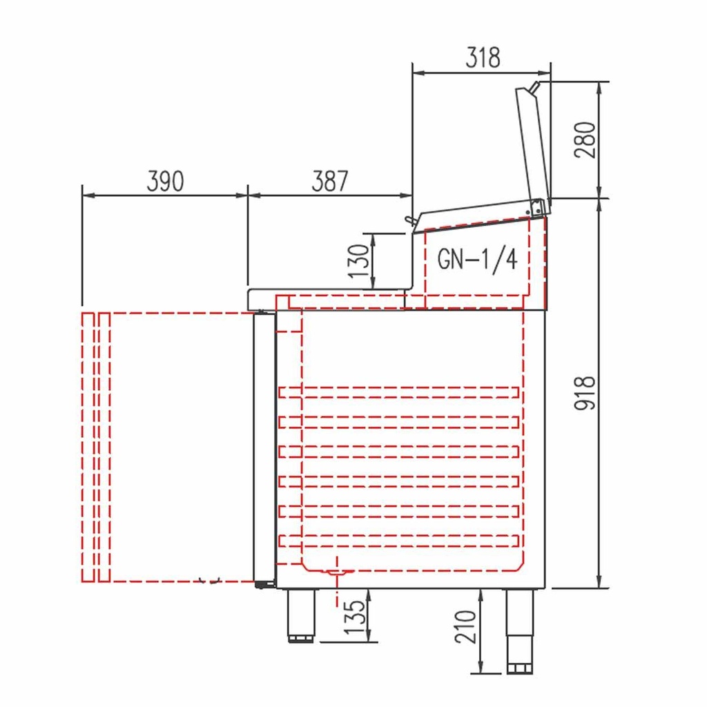 TOPLINE Belegstation / 5-fach mit Türen, Edelstahlaufsatz, GN 1/4, 2695 x 700 mm