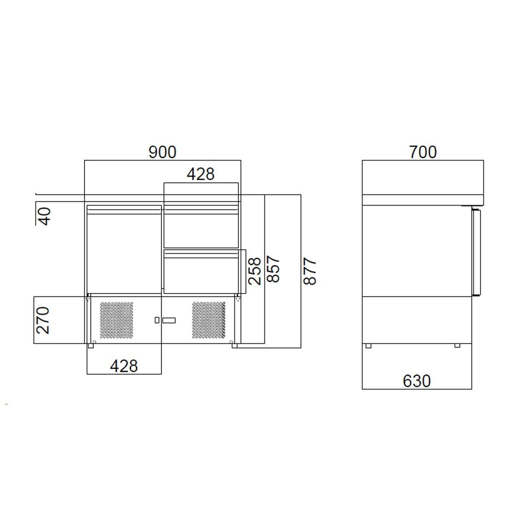 Kühltisch Mini / 2-fach - mit 1 Tür & 2 Schubladen, 900 x 700 mm