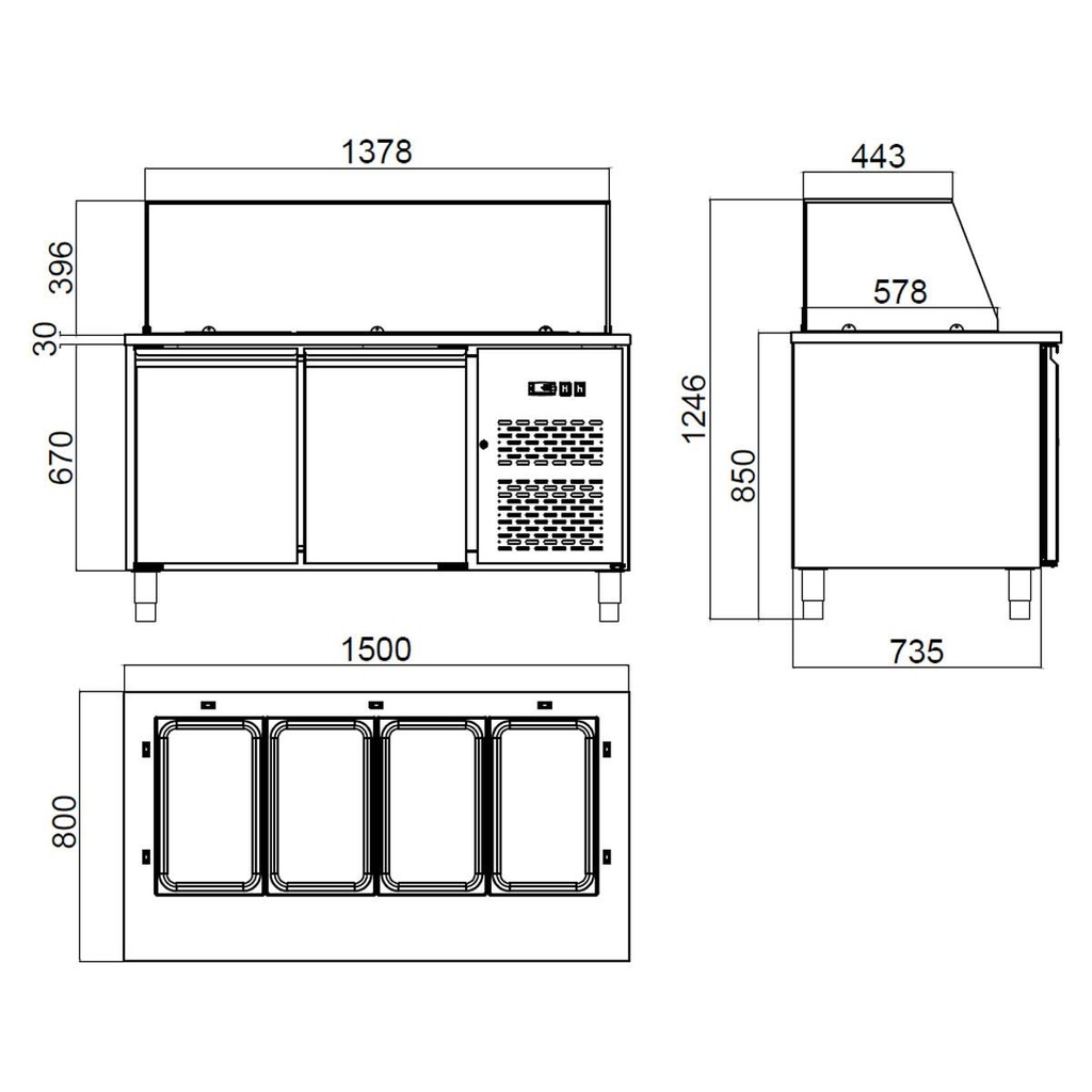 Salattheke / 2-fach mit Türen, Glasaufbau, für 4x GN 1/1 "schwarz", 1500 x 800 mm