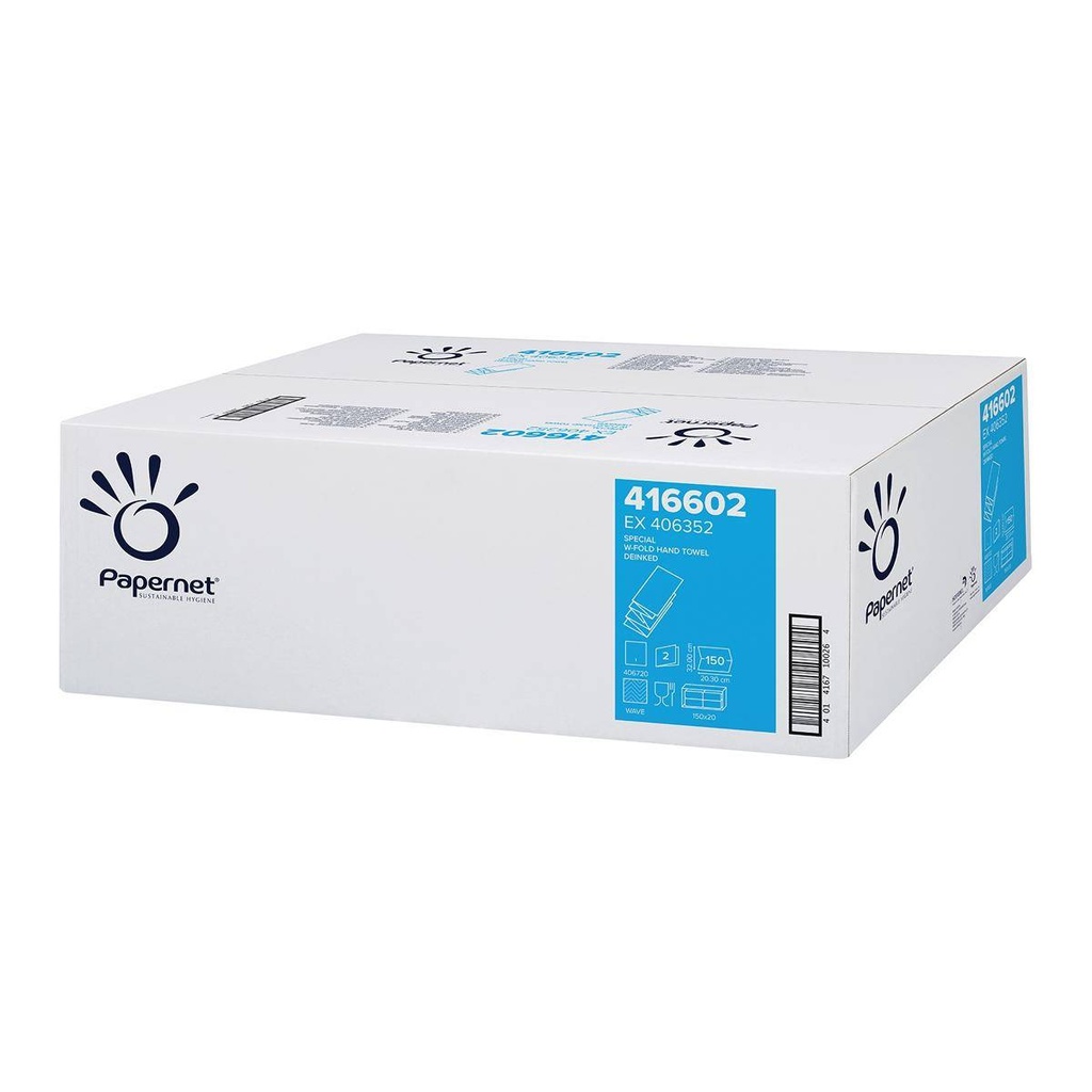 Papierhandtücher Falthandtücher 2-lagig, W-Falz, 20,30 cm x 32,00 cm, Deinktes Papier weiß, 3000 Blatt/Karton