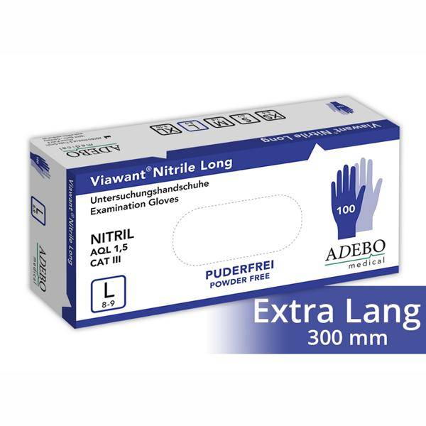 Einweghandschuhe Nitril, LG puderfrei, blau 30 cm lang, "Viawant Nitrile Long", 100 Stück/Box | Größe XL