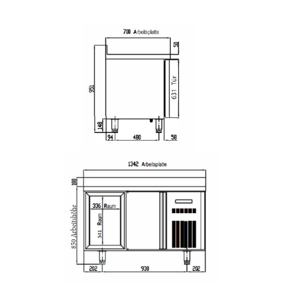TOPLINE Kühltisch / 2-fach GN1/1 mit 2 Schubladen / 1 Tür & Aufkantung, 1345 x 700 mm