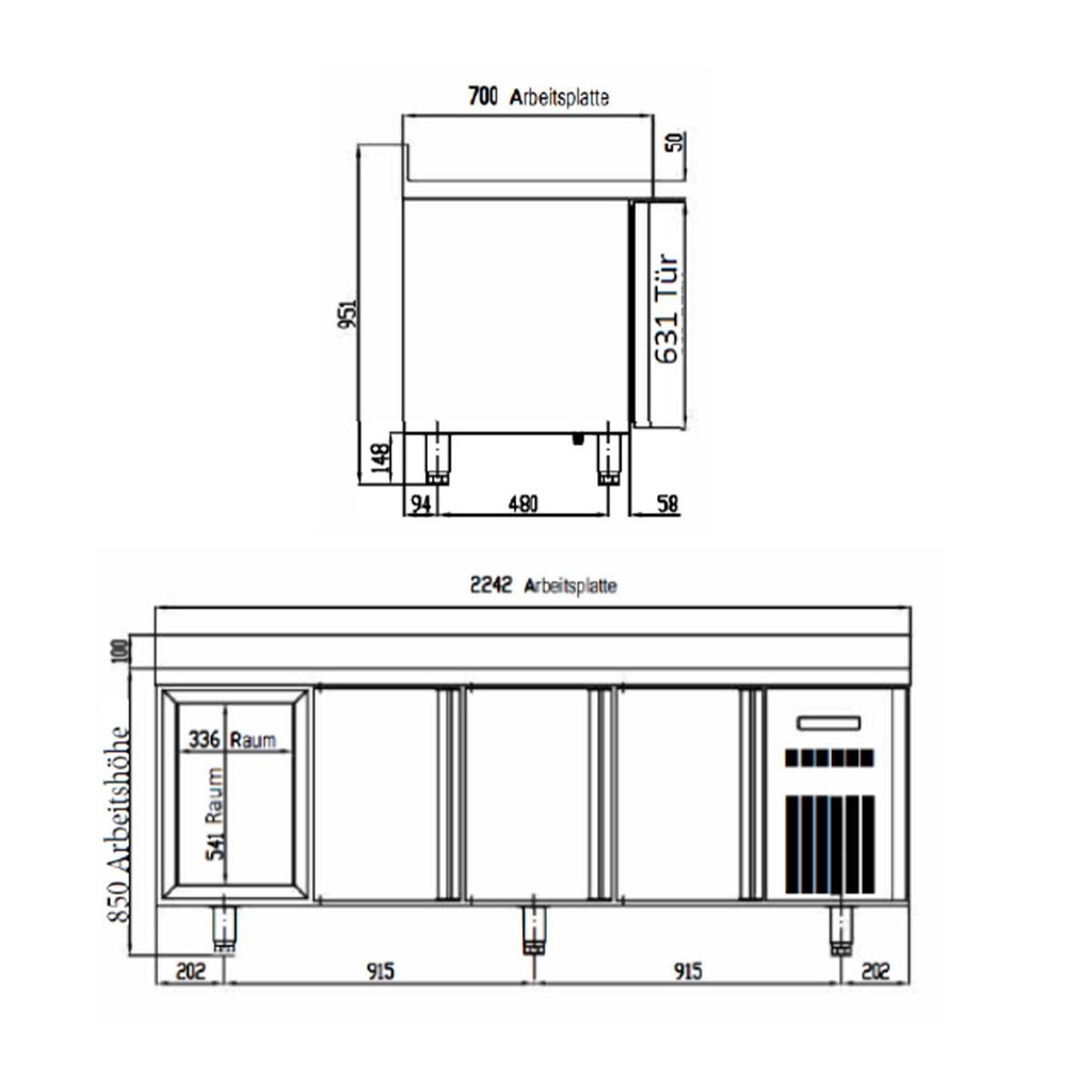 TOPLINE Kühltisch / 4-fach GN1/1 mit 8 Schubladen & Aufkantung, 2245 x 700 mm