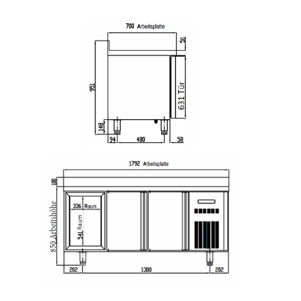TOPLINE Tiefkühltisch / 3-fach GN1/1 mit 2 Schubladen / 2 Türen & Aufkantung, 1795 x 700 mm