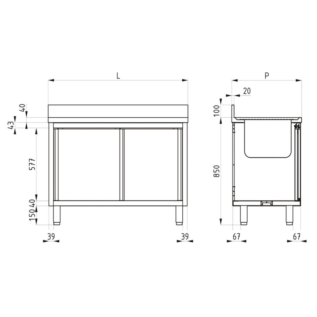 TOPLINE Spülschrank / 2 Becken links mit Schiebetüren, 1600 x 600 mm