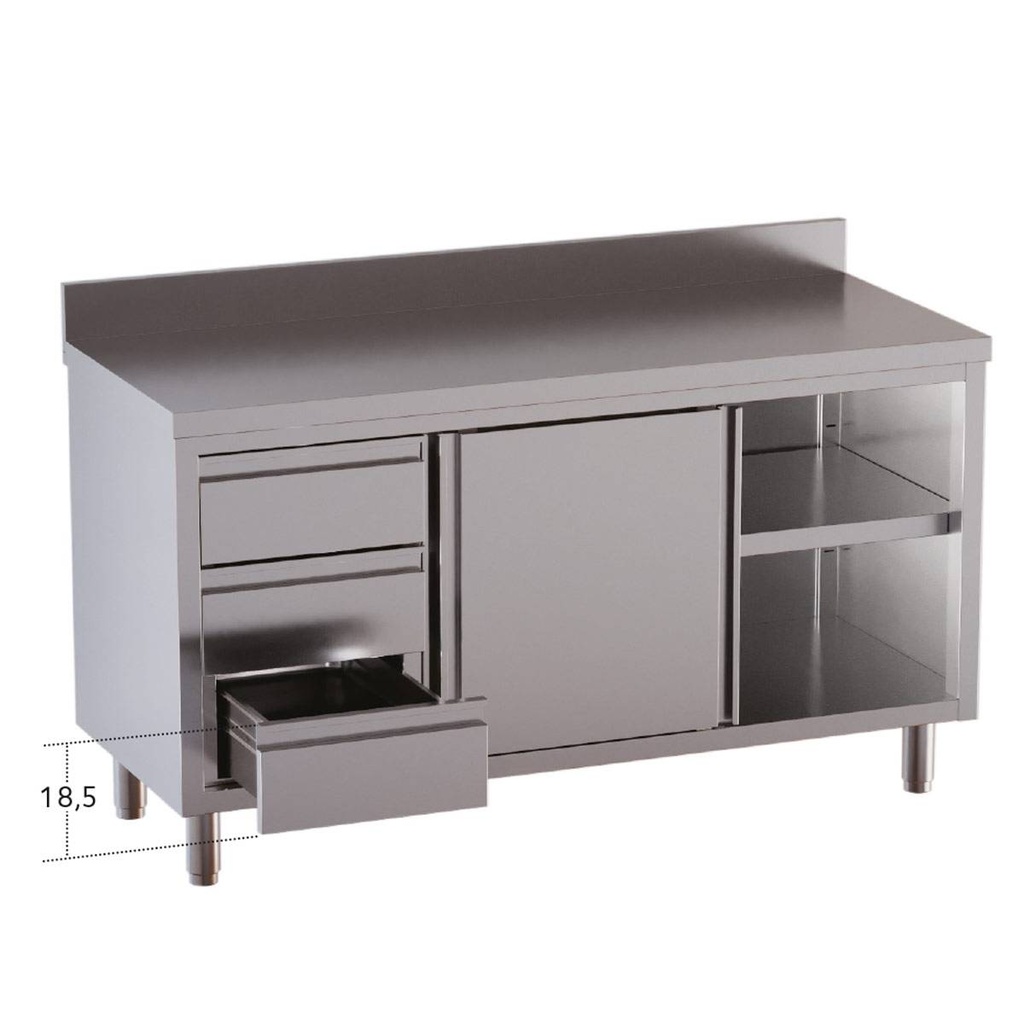 TOPLINE Arbeitsschrank / Flügeltüren, 3 Schubladen links & Aufkantung, 1200 x 700 mm
