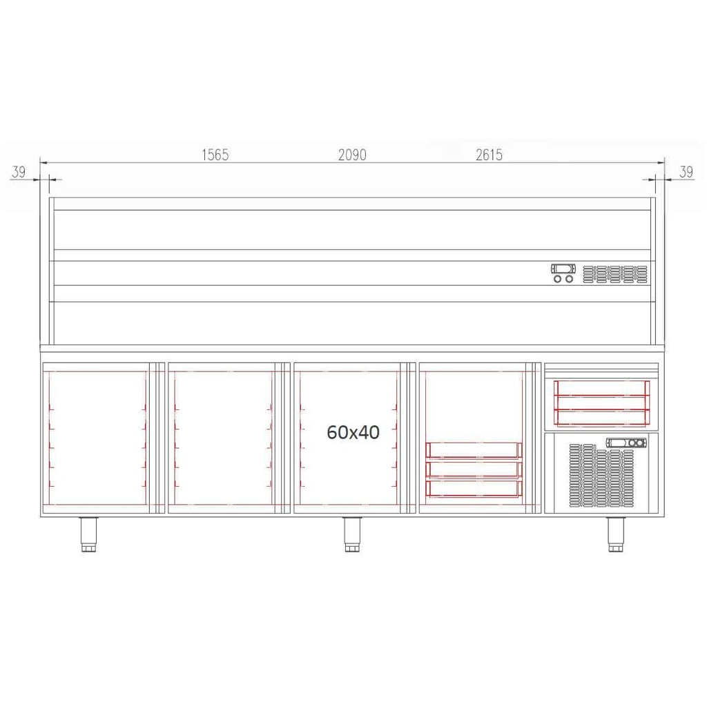 TOPLINE Pizzatisch / 3-fach mit Türen, EN 60x40, Schublade, Granitplatte grau, inkl. Kühlaufsatz, GN 1/4, 2090 x 800 mm