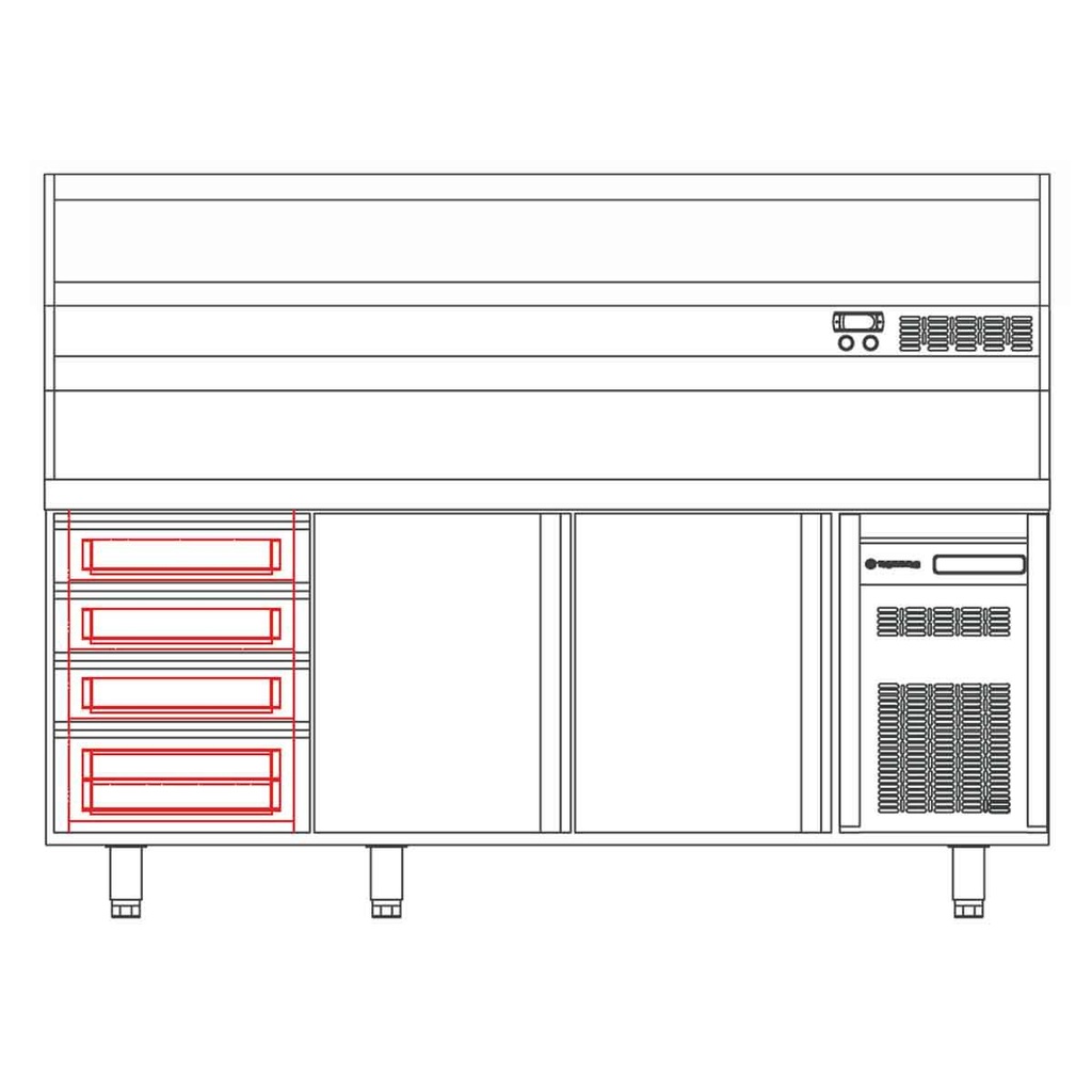 TOPLINE Pizzatisch / 4-fach mit 3 Türen, EN 60x40, Schubladenblock, Granitplatte grau, inkl. Kühlaufsatz, GN 1/4, 2545 x 800 mm