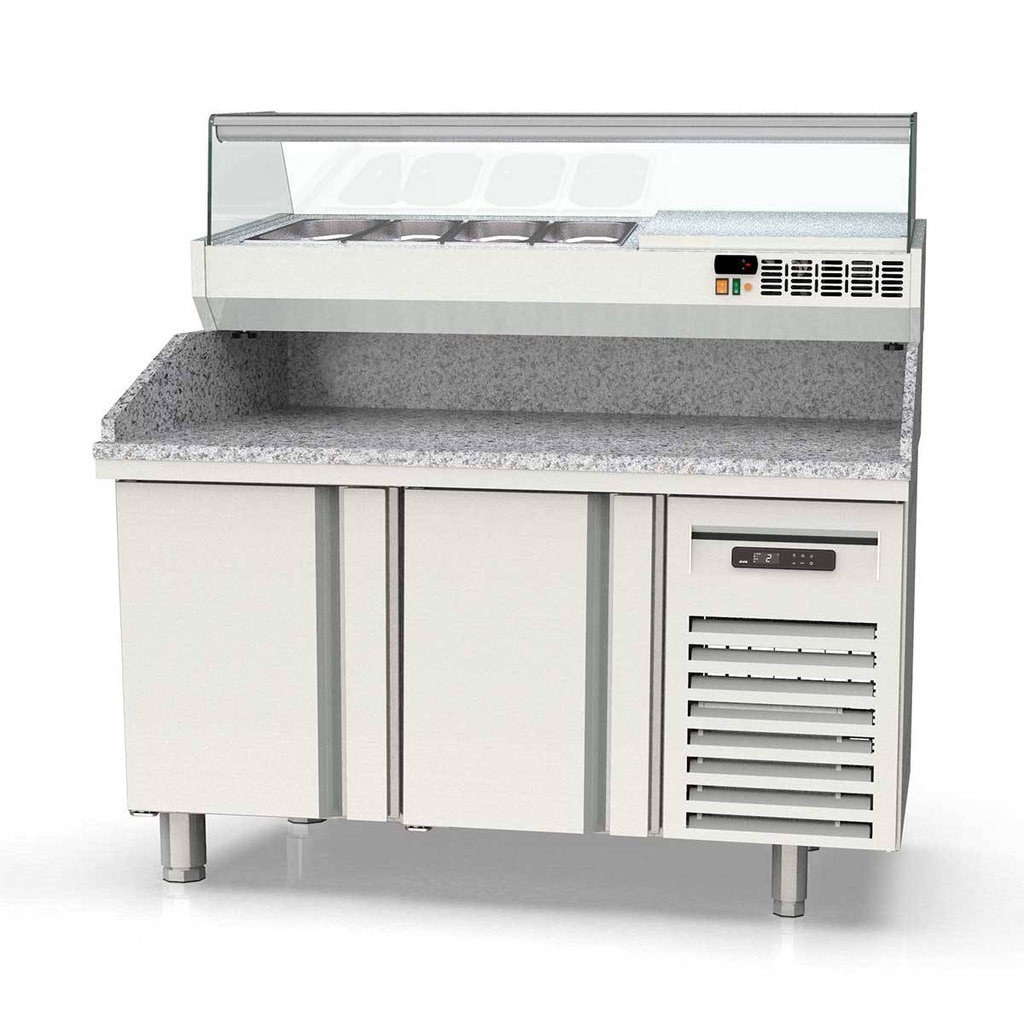 TOPLINE Pizzatisch / 2-fach mit Türen, EN 60x40, Granitplatte grau, inkl. Kühlaufsatz, GN 1/4, 1495 x 800 mm