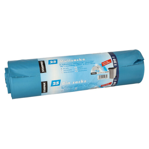 25 Müllsäcke, LDPE 120 L 110 cm x 70 cm blau extra stark und extra reißfest