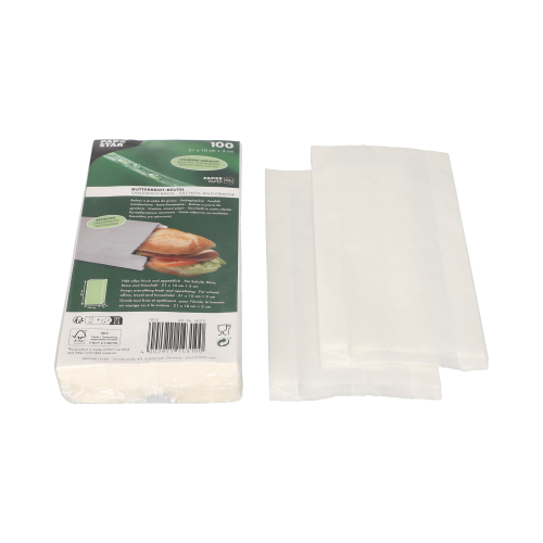 100 Butterbrotbeutel 21 cm x 10 cm x 3 cm weiss , fettdicht