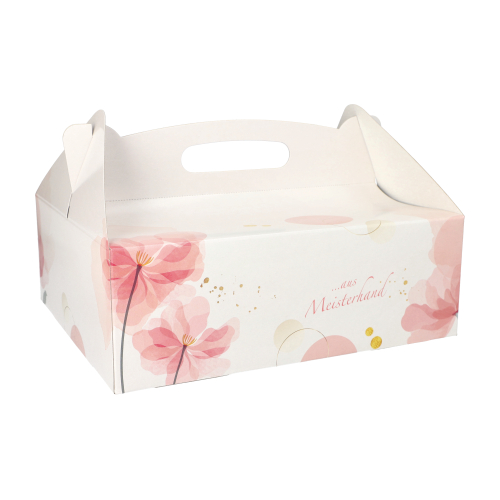 15 Gebäck-Kartons, Pappe eckig 26 cm x 22 cm x 9 cm rosé mit Tragegriff