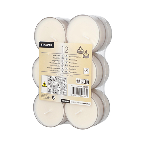 12 Maxi Lichte Ø 57 mm · 21 mm weiss · Brenndauer ca. 8 h, in Polycarbonathülle