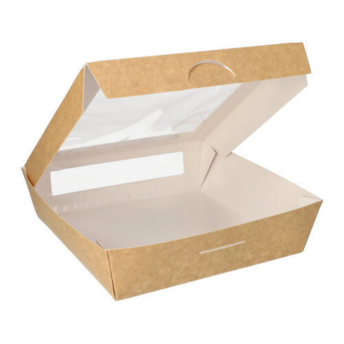 25 Feinkostboxen, Pappe mit Sichtfenster aus PLA eckig 1500 ml 19 cm x 19 cm x 5 cm braun