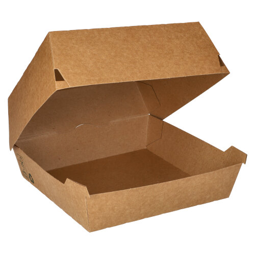 25 Burgerboxen, Pappe 8,5 cm x 15,5 cm x 15,5 cm braun "100% Fair" extra groß