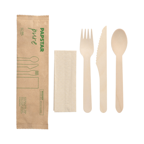 50 Bestecksets, Holz "pure" : Messer, Gabel, Löffel, Serviette in Papierbeutel