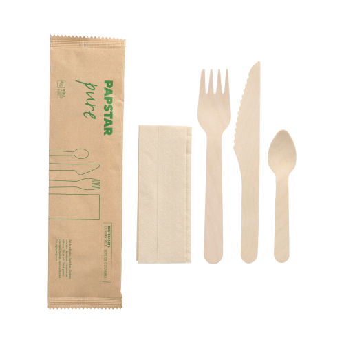 50 Bestecksets Holz "pure" : Messer, Gabel, Kaffeelöffel, Serviette in Papierbeutel