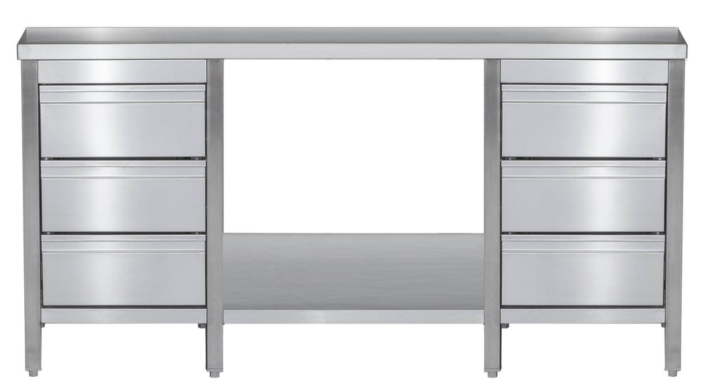 Edelstahl Arbeitstisch mit Schubladenblock links & rechts verschweißt | Bautiefe 600mm | mit Grundboden | AISI 304