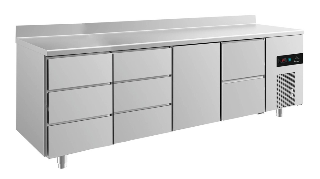 Kühltisch -2 bis +8°C 2330x700x850mm mit 1x Tür, 1x zwei Schubladen und 2x 3 Schubladen u. Aufkantung