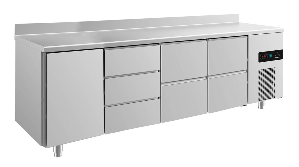 Kühltisch -2 bis +8°C 2330x700x850mm mit 1x Tür, 2x zwei Schubladen und 1x 3 Schubladen u. Aufkantung