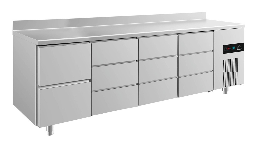 Kühltisch -2 bis +8°C 2330x700x850mm mit 1x zwei Schubladen und 3x drei Schubladen u. Aufkantung