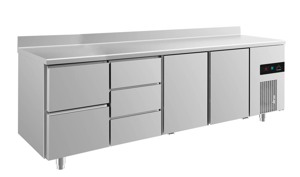 Kühltisch -2 bis +8°C 2330x700x850mm mit 2x Türen, 1x zwei Schubladen und 1x 3 Schubladen u. Aufkantung