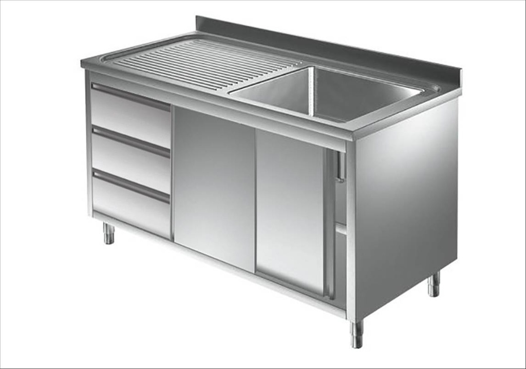 Spülschrank mit Schubladenblock, 1 Becken rechts, Bautiefe 700 mm | 120x700x850 mm