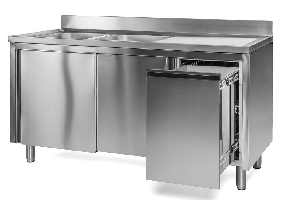 Spülschrank mit Abfallbehälter, 2 Becken links, Bautiefe 600 mm | 160x600x850 mm