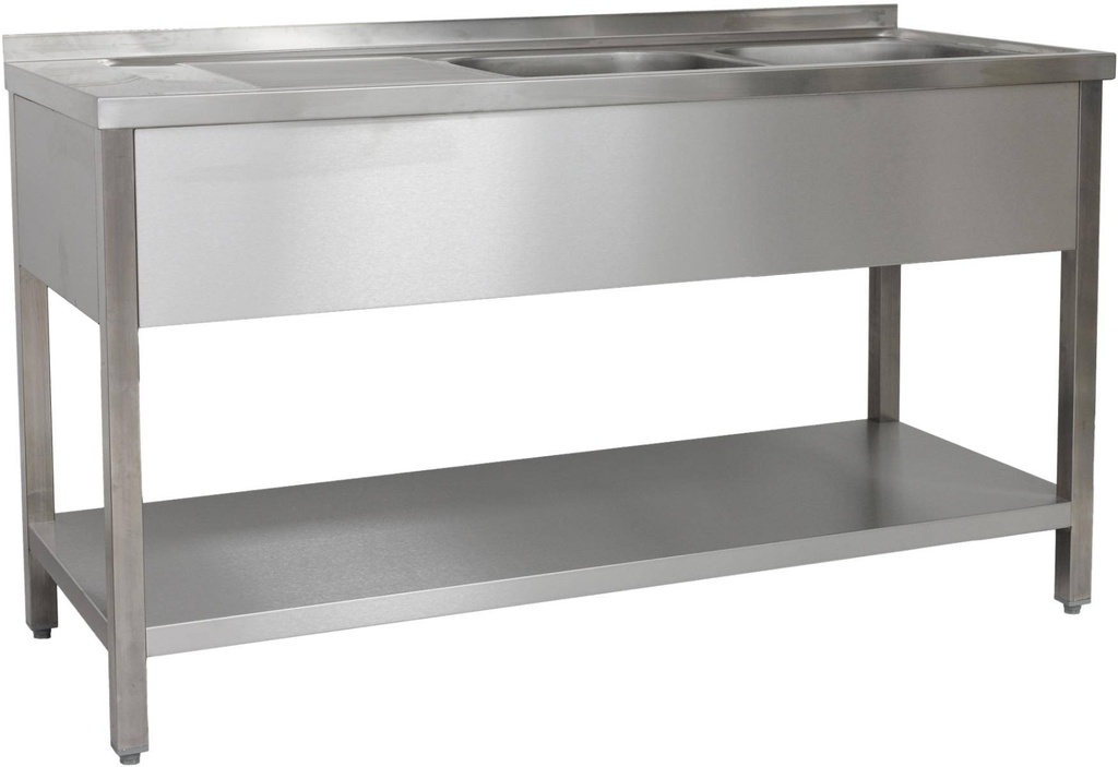 Spültisch 1600 x 700 x 850 mm 2 Becken links, mit Grundboden  700 mm Tiefe