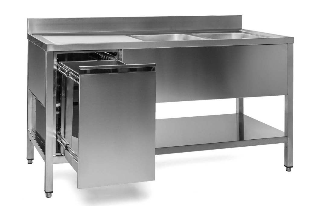 Spültisch mit Abfallbehälter, 2 Becken rechts, Bautiefe 700 mm | 160x700x850 mm