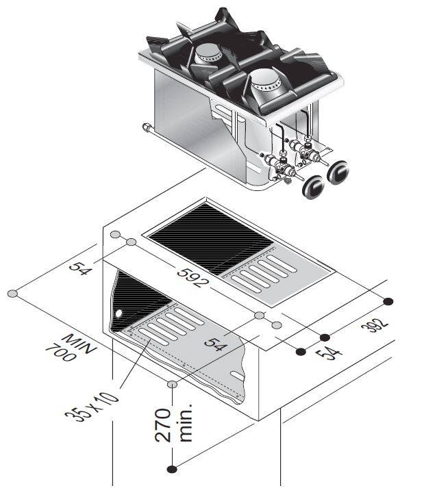 Gasherd 2 Brenner, 9 kW, 400 x 600 x 270 mm