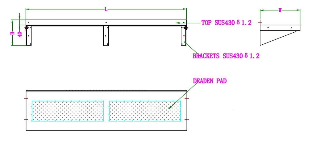 400 Wandborde 2000 aus Edelstahl, 2000 x 400 x 190 mm
