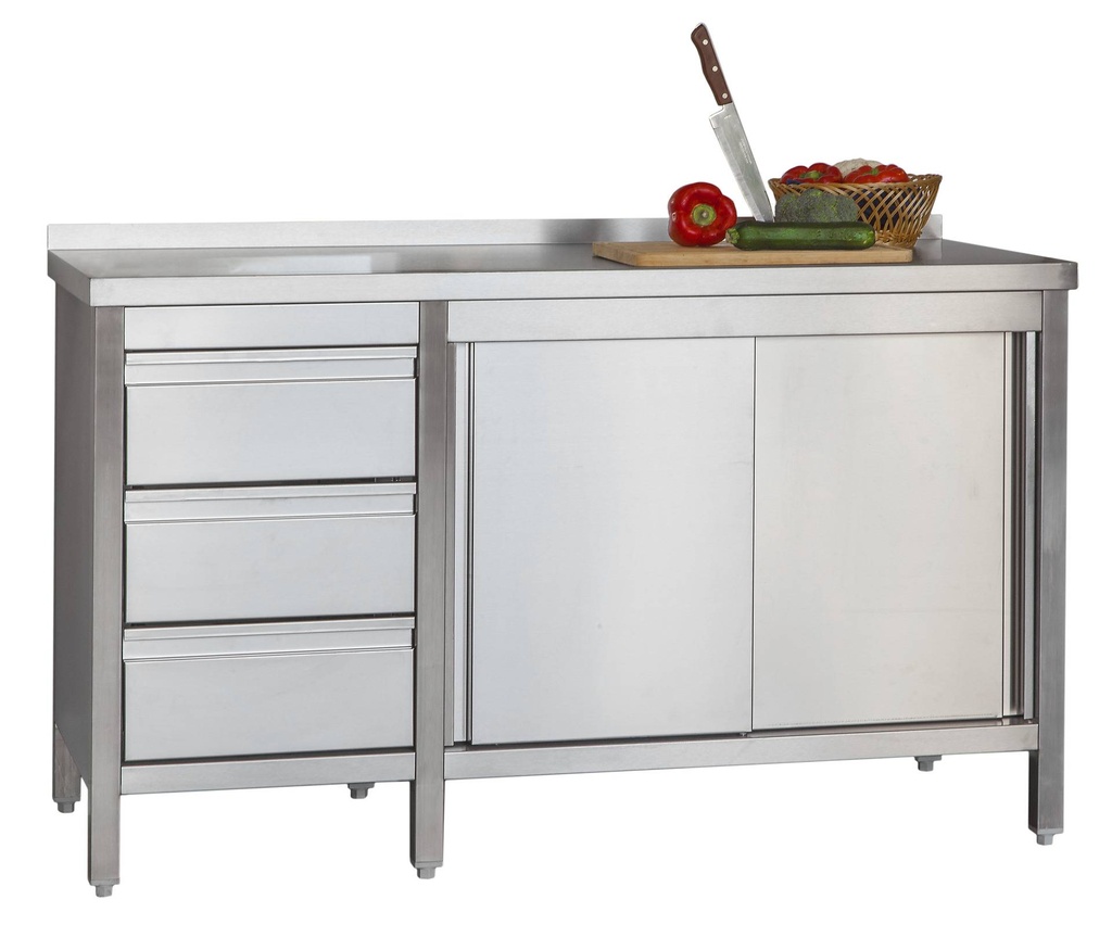 Edelstahl Arbeitsschrank Profi mit Schiebetüren - Aufkantung und 3 Schubladen 1800 x 700 x 850 mm