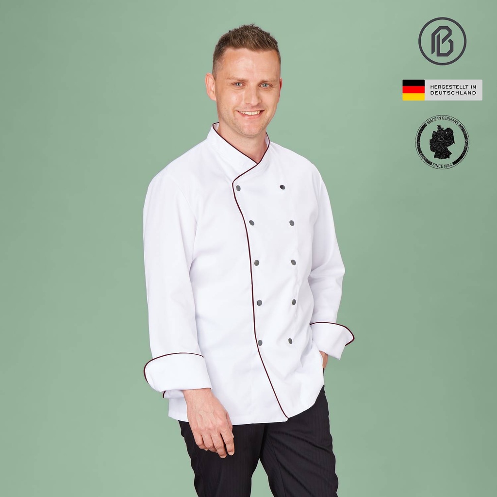 Satin-Felix, weiße Kochjacke