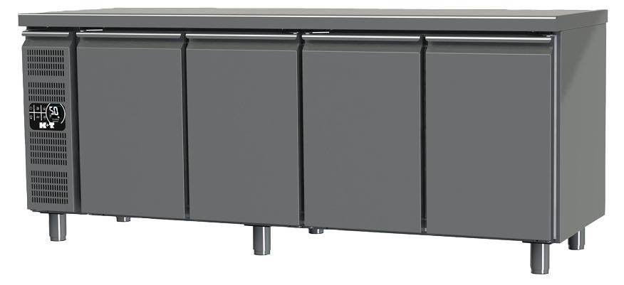 K+T Kühltisch GN 1/1, Korpushöhe 700 mm, abgekantete Arbeitsplatte, 4 Abteile, Zentralkühlung