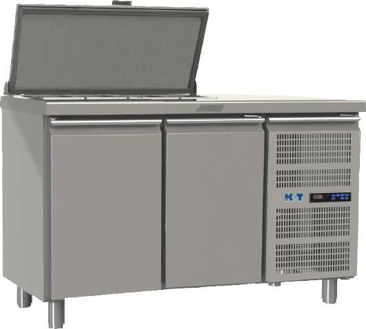 K+T Saladette GN 1/1, Korpushöhe 700 mm, abgekantete Arbeitsplatte, 2 Abteile, steckerfertig