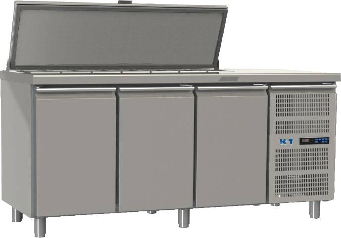 K+T Saladette GN 1/1, Korpushöhe 700 mm, abgekantete Arbeitsplatte, 3 Abteile, steckerfertig