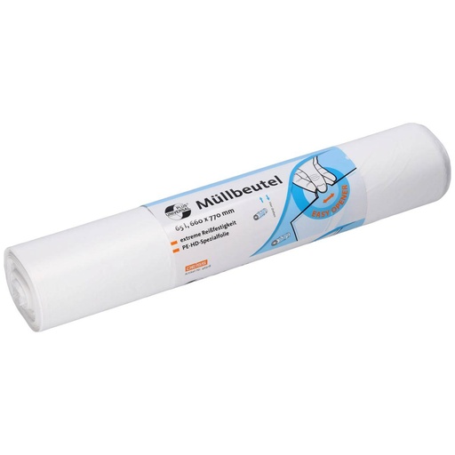 Müllbeutel 65 Liter, 15 µ, HDPE, weiß, 660 x 770 mm | 50 Stück/Rolle