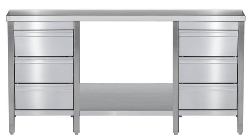 Edelstahl Arbeitstisch mit Schubladenblock links & rechts verschweißt | Bautiefe 800mm | mit Grundboden | AISI 304