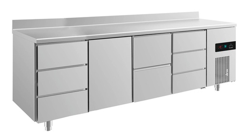 Kühltisch -2 bis +8°C 2330x700x850mm mit 1x Tür, 1x zwei Schubladen und 2x 3 Schubladen u. Aufkantung