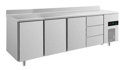Kühltisch -2 bis +8°C 2330x700x850mm mit 3x Türen und 1x drei Schubladen u. Aufkantung