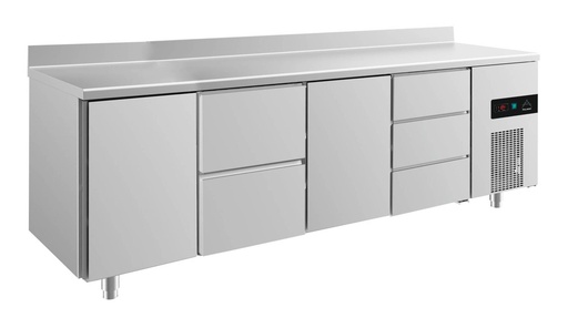 Kühltisch -2 bis +8°C 2330x700x850mm mit 2x Türen, 1x zwei Schubladen und 1x 3 Schubladen u. Aufkantung