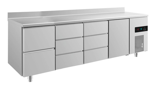 Kühltisch -2 bis +8°C 2330x700x850mm mit 1x Tür, 1x zwei Schubladen und 2x 3 Schubladen u. Aufkantung