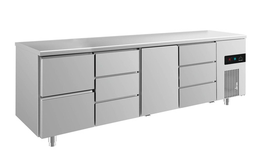 Kühltisch -2 bis +8°C 2330x700x850mm mit 1x Tür, 1x zwei Schubladen und 2x drei Schubladen